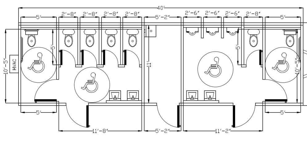 Example of an ADA toilet partitions multiple stalls with measurements - Overhead Example of an ADA toilet partitions multiple stalls with measurements - Overhead
